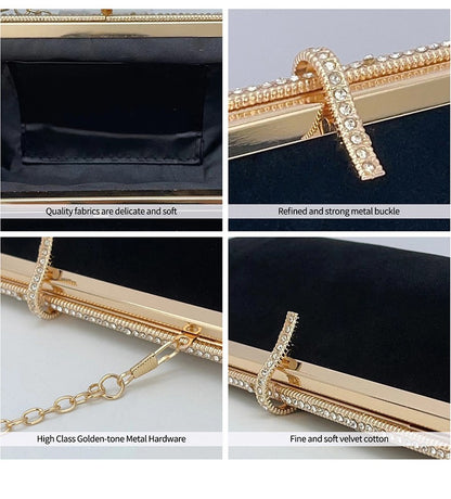 Autumn Winter Luxury Silk Velvet Clutch with Rhinestone Decoration for Formal Events Evening Party Women's Bag