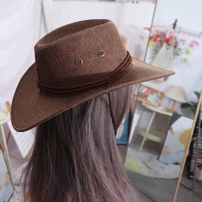 Cool Linen Western Cowboy Hat Wide Brim Beach Cap Summer Sun Hat Climbing Hat Outdoor Visor Cap Beach Sunscreen Cap Holiday