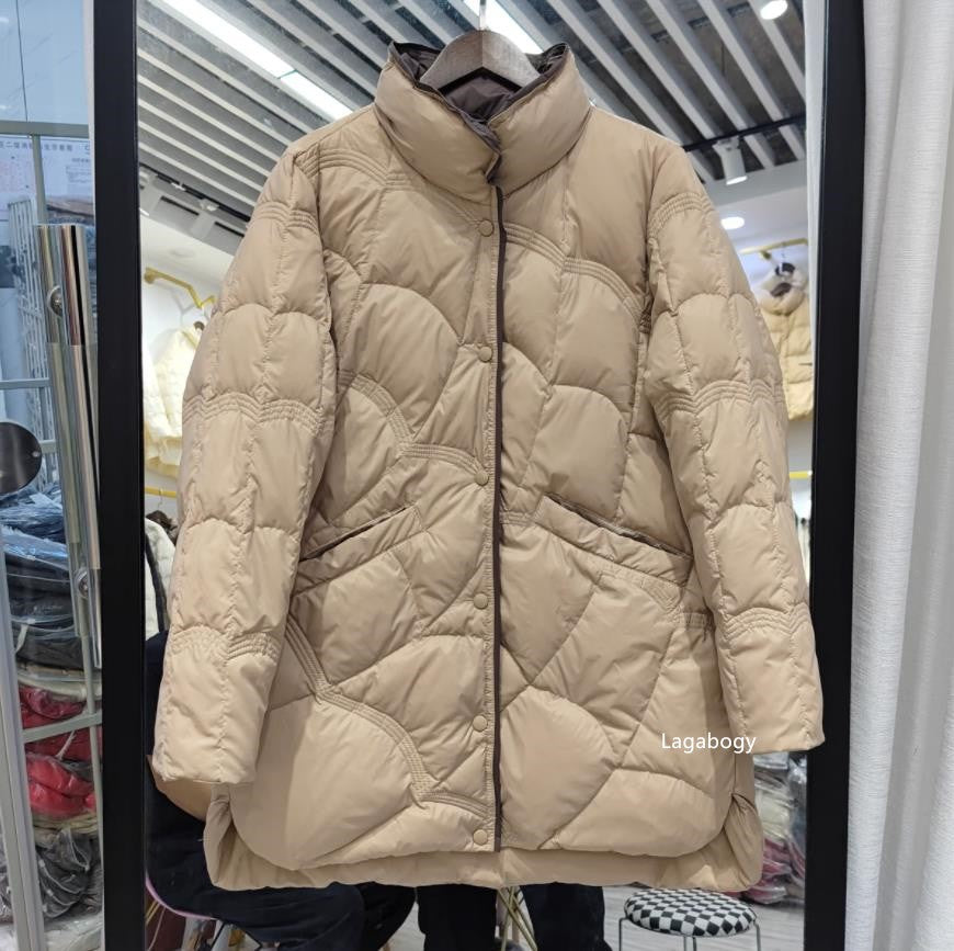 Lagabogy 2025 Mid-Long Puffer Jacket Winter Women Simple White Duck Down Coat Stand Collar Parka Female Single Breasted Outwear