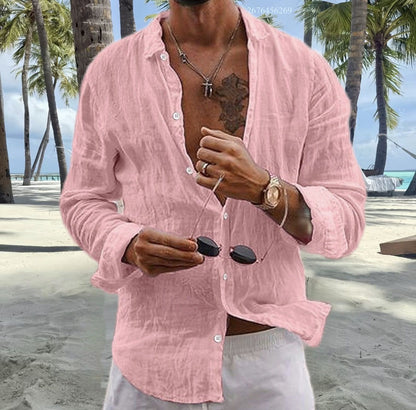 Men's cotton and linen shirt tops simple lapel solid color shirt tops comfortable loose casual vacation shirt express delivery