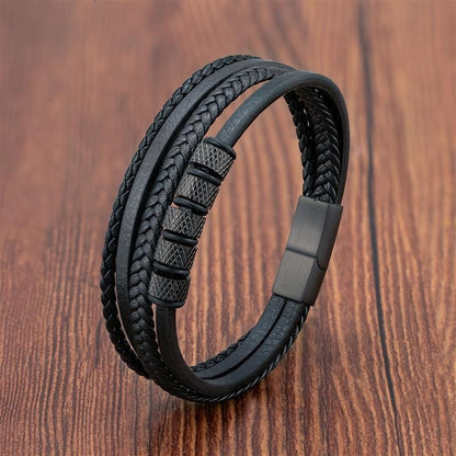 Pulseira de Couro Masculina Punk com Fecho Magnético de Aço Inoxidável Trançado em Camadas Envoltório de Couro Pulseiras Presente Joias Masculinas