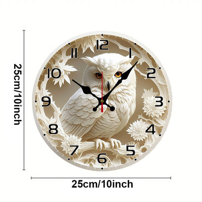 White Owl Wooden Round Silent Hanging Wall Clock, Suitable For Living Room, Office, Study Room, Bedroom, Home Decoration