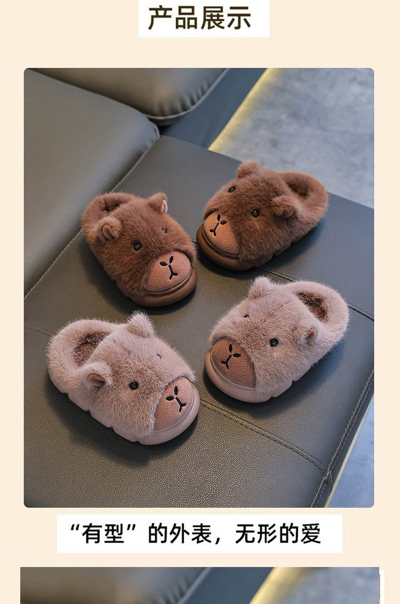 Capybara Children Slippers 2025 Winter New Cute Fluffy Cotton floor shoes woman Warm Indoor Cartoon Plush Floor Home Slippers