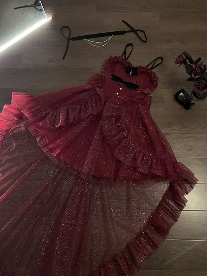 Gothic Y2k Sling Dress Women Harajuku Retro Tulle Ruffles Trim Christmas Party Outfit Grunge Aesthetic Sleeveless Elegant Wear
