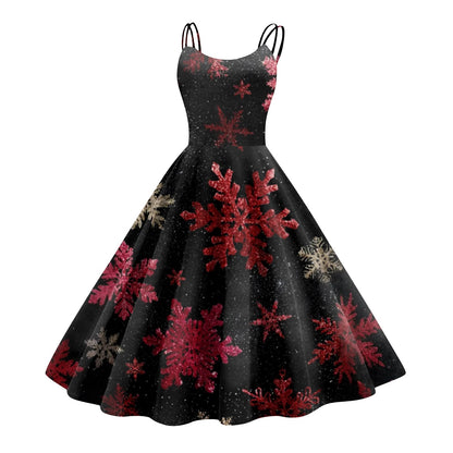 High Quality Cute Women's Casual Fashion Round Neck Christmas Print Mid-Length Dress Pretty Sweet Christmas Suspender Dress