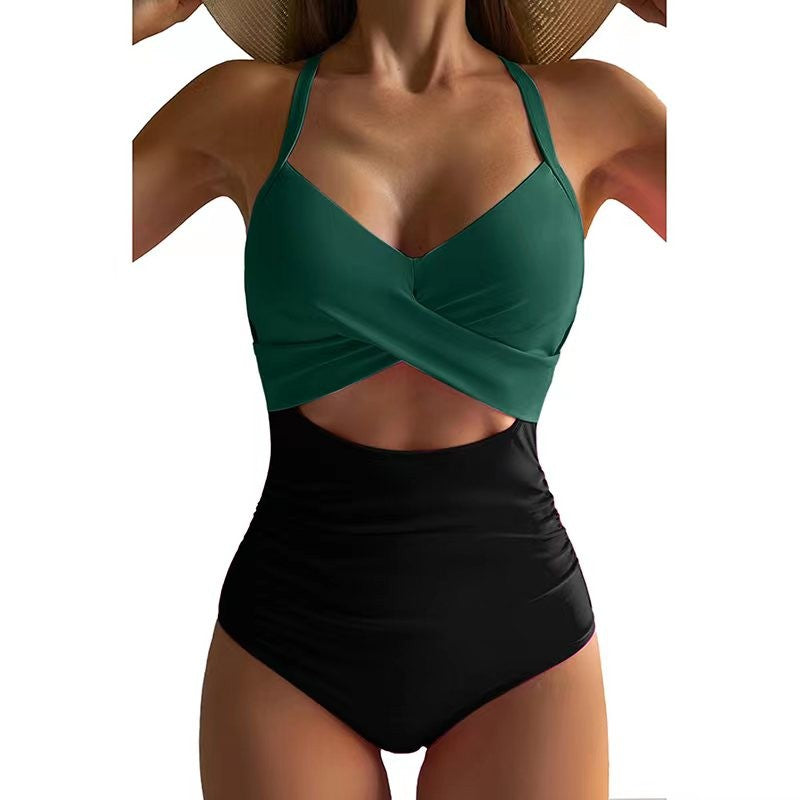 Sexy Hollow Cross Sling Swimwear Color Matching Backless Swimsuit One Piece Bikini Fashion Bathing Suits Swimming Suit For Women