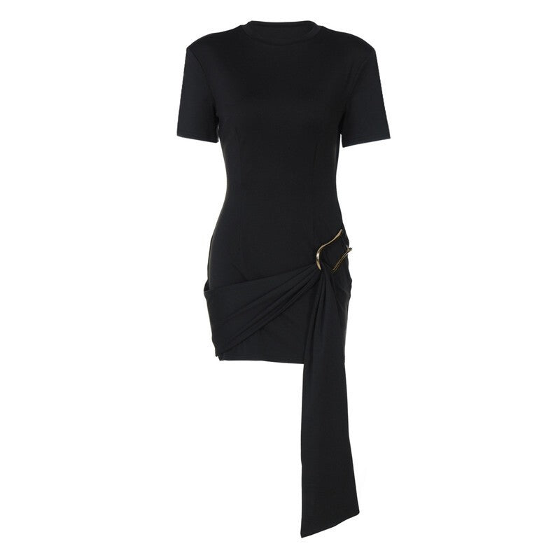 Mozision Short Sleeve Draped Sexy Mini Dress For Women Black Metal Buckle O Neck