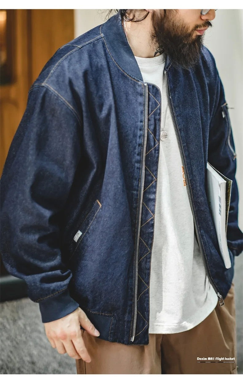 Maden Retro MA-1 Flight 8.9oz Denim Jacket Baseball Collar Bomber Jackets Casual Denim Coats for Men's Versatile Autumn Clothing