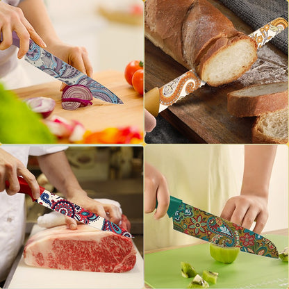 Conjunto de facas com padrão Paisley Astercook com capa, facas coloridas laváveis na lava-louças com 6 capas de faca, aço inoxidável alemão