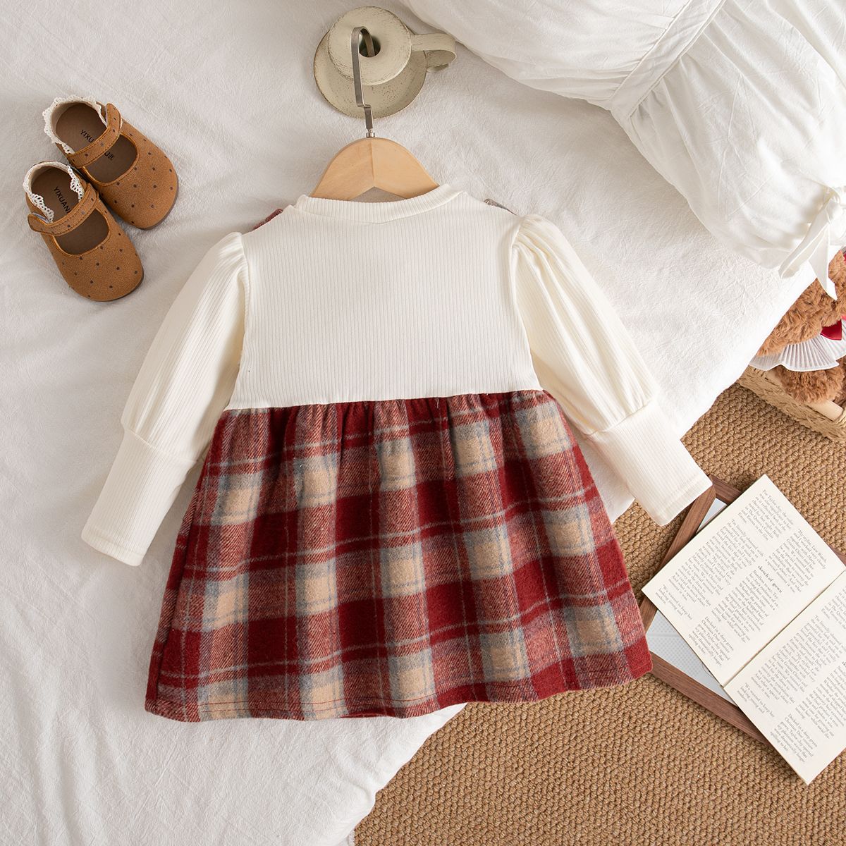 9 Months -3 Years Old Spring And Autumn New Plaid Baby Girl Dress, Sweet Bow Children'S Long Sleeved Clothes