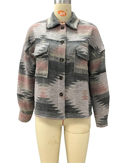 Vintage Jacket Women Splicing Loose Jacket Denim Print Aztec Retro Ethnic Style Long Sleeved Shirt Streetwear Female Goth Coat