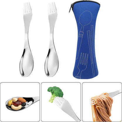 2 Peças Garfo-Colher de Aço Inoxidável 2 em 1 com Bolsa para Talheres Garfo-Colher Portátil para Acampamento Garfo-Colher Reutilizável Kit de Utensílios de Cozinha