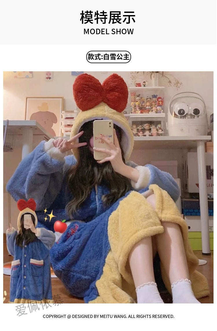 Novo Pijama Branca de Neve da Disney Feminino Outono Inverno Robe de Veludo Coral Engrossado Desenho Animado Fofo Roupa Quente para Casa Camisola Terno Presente
