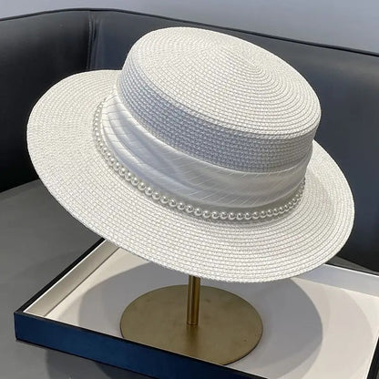 2025 Summer Elegant Pearl Chain Flat Sun Hats for Women Chapeau Feminino Straw Hat Panama Wide Brim Anti-UV Beach Cap Girl Topee