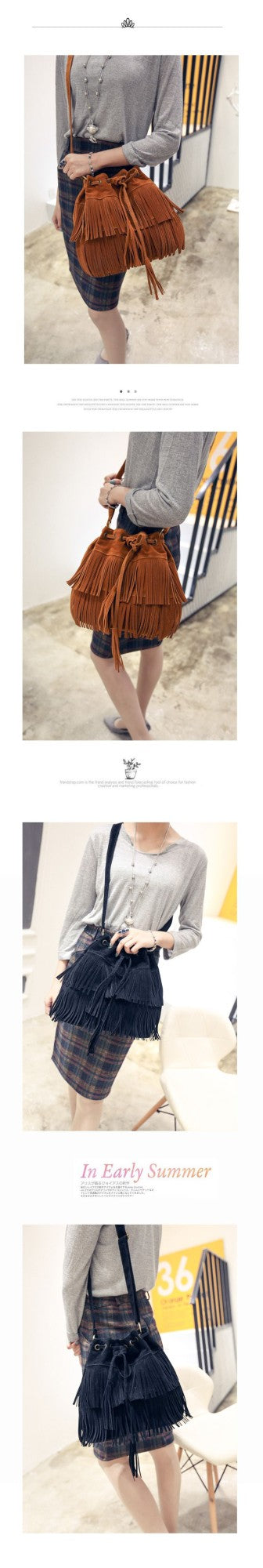 Fashion Retro Faux Suede Fringe Women Messenger Bags Tote New Handbag Tassel Shoulder Handbags Crossbody Bag Tassel Bucket