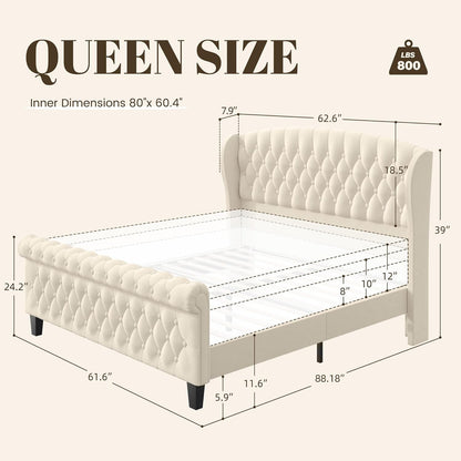 Cama Queen, Estrutura de Cama Estofada em Veludo de 99cm de Altura com Cabeceira e Peseira em Sleigh, Não Requer Box Spring,