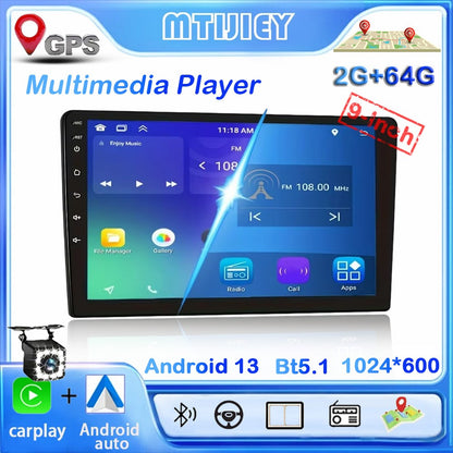 MTIJIEY 2+64G 2 Din Rádio Automotivo Carplay Android Auto 9" Player Multimídia Universal FM GPS WIFI Para Toyota VW Hyundai Kia Nissan