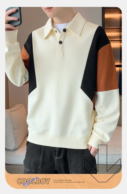 Contrast Patchwork Trend Loose Polo Neck Hoodies Sweatshirts Men's Spring Autumn Long Sleeve Casual Tops Fashion Korean Clothing