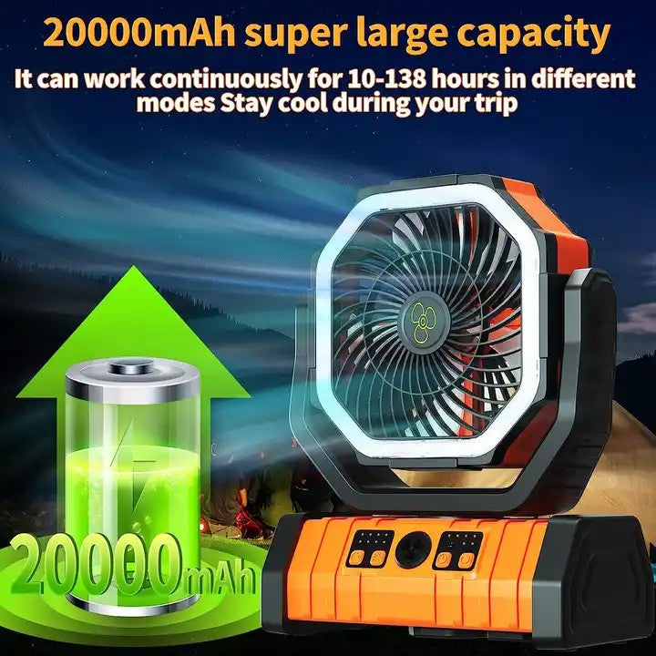 20000mAh Battery Operated Fan, Portable Rechargeable Desk/Camping Fan with LED Light and Hook, Outdoor Fan for Tent Car Trip