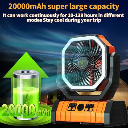 20000mAh Battery Operated Fan, Portable Rechargeable Desk/Camping Fan with LED Light and Hook, Outdoor Fan for Tent Car Trip