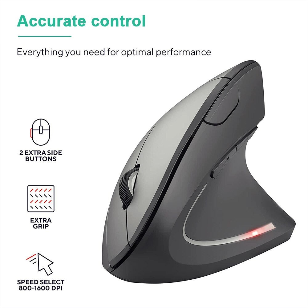Mouse Óptico Sem Fio Vertical Ergonômico 2,4 GHz, 3 Níveis de DPI Ajustáveis 800/1200/1600, 6 Botões para Notebook PC Computador de Mesa