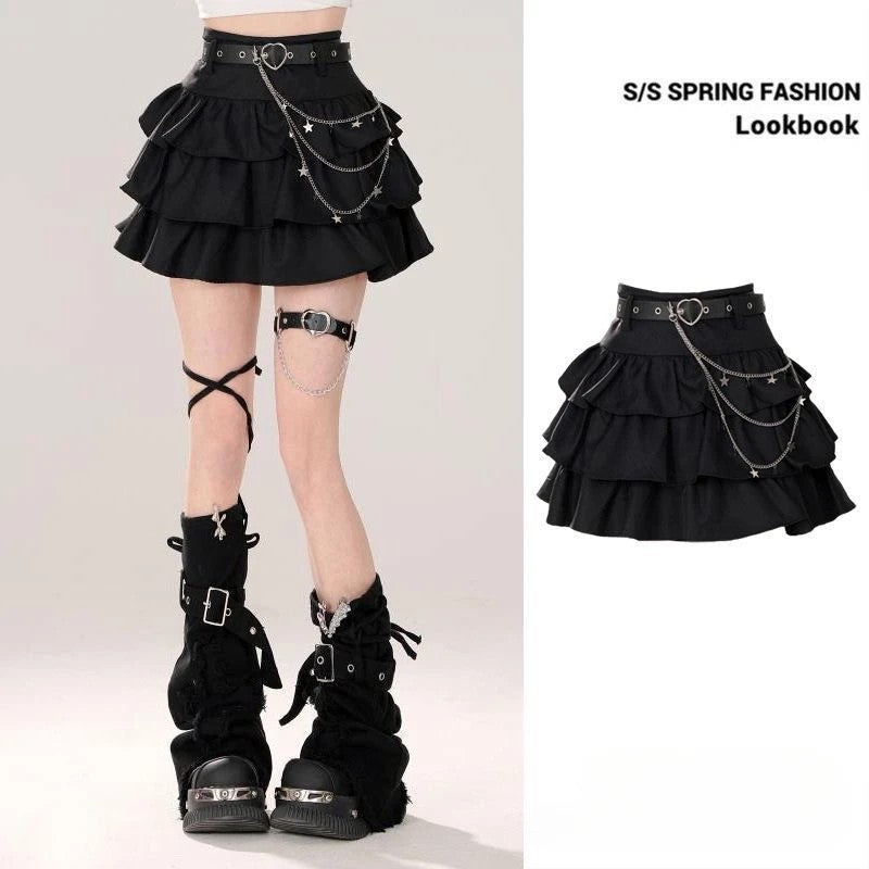 Women's Blue Black Riveted Belt Denim Skirt Y2K Harajuku High Street Fashion 90s Sexy A-line Mini Skirt Summer Clothing 2025 New