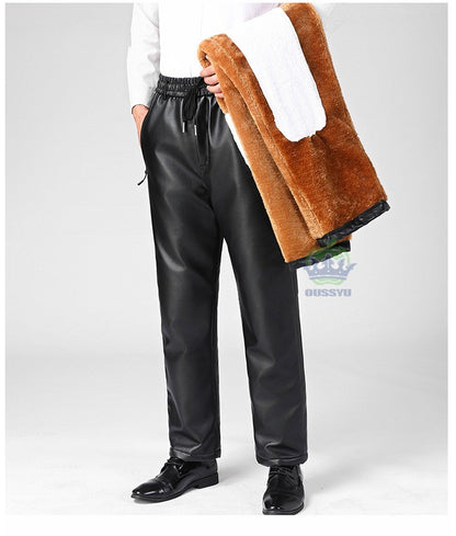 OUSSYU Brand High Quality Winter Outdoors Fleece Warm Pants Men Zippered Pocket Business Straight Flocking PU Trousers Plus Size