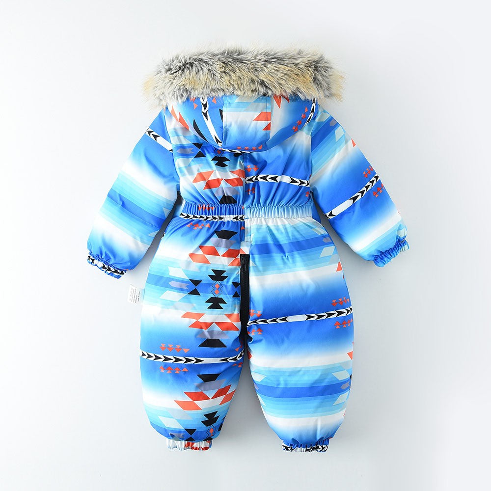 YBFSKID Kids Boys Winter Rompers Geometric Pattern Plush Thick Toddler Baby Boys Ski Suit Fur Collar Little Boys Jumpsuit Outfit