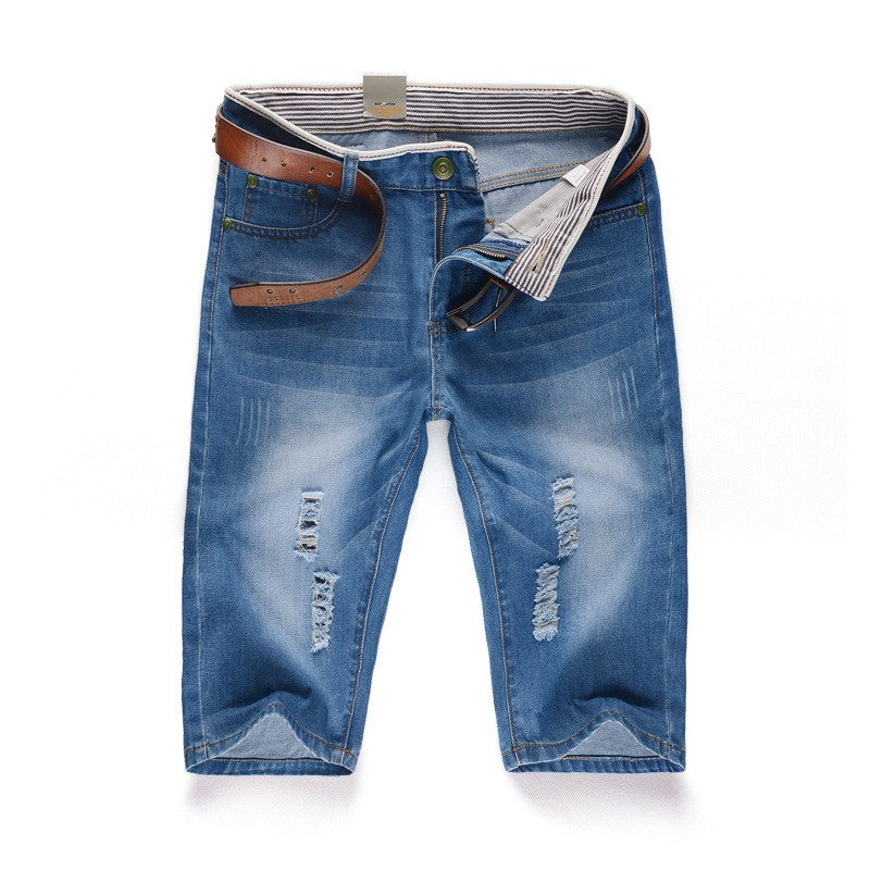 29-40 New Summer Men's Personalized Washable Perforated Denim Pants Large Casual Middle Pants