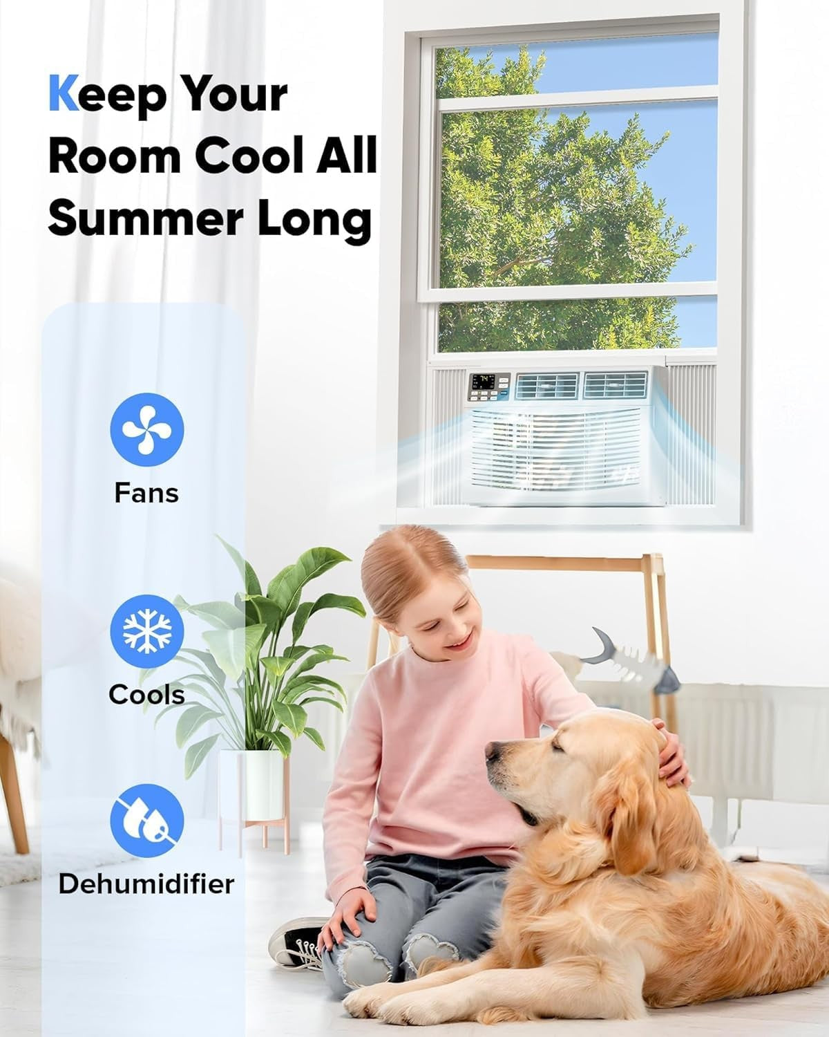 Ar-condicionado de Janela de 8.000 BTUs com WiFi, Ultrassilencioso, Unidade AC 3 em 1, Controle Remoto, Resfriamento com Eficiência Energética para Cômodos de até 32,5 m².