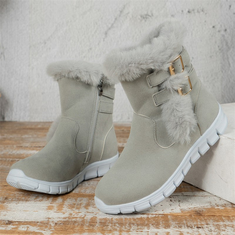 Winter Round Toe Plus Velvet Warm Side Zipper Casual Mid-calf Boots New Comfortable Fashionable Buckle Flat Snow Boots for Women