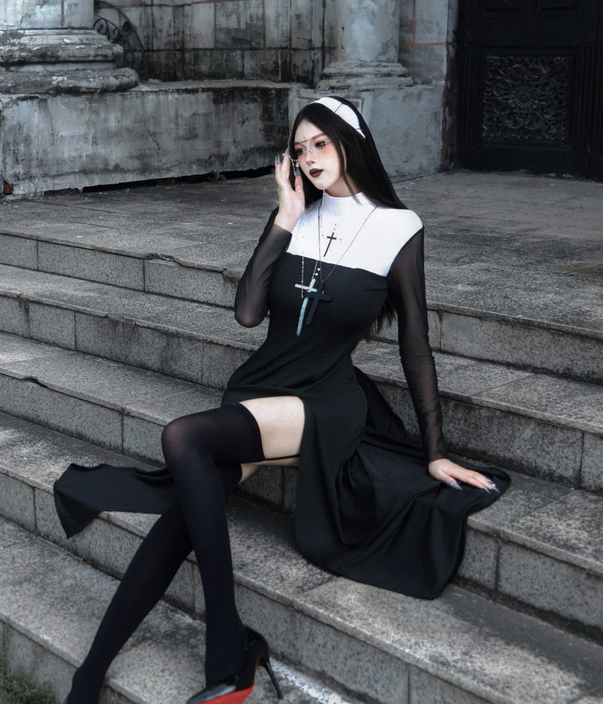 Sexy Nun Cosplay Costume Gothic Black Split Long Dress with Head Veil Halloween Carnival Party Fancy Dress for Women Nun