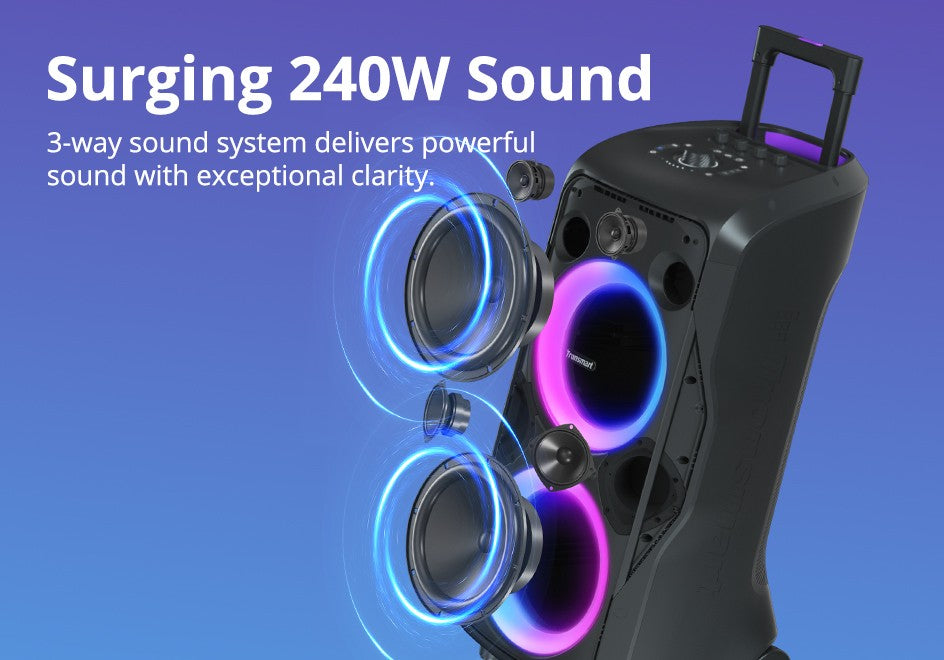 Caixa de Som para Festa Tronsmart Halo 300 240W com Entrada para Guitarra/Microfone/XLR, TWS, 20H de Reprodução, Rodas e Alavanca Oculta, para Festas