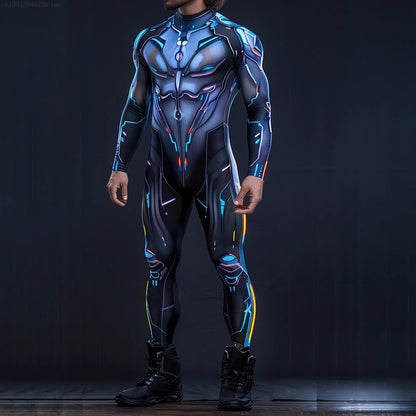 CyberPunk Men Women Mechanical Armor Jumpsuit Halloween Party Cosplay Steampunk Costume Party Fighter Elastic Bodysuits Rompers