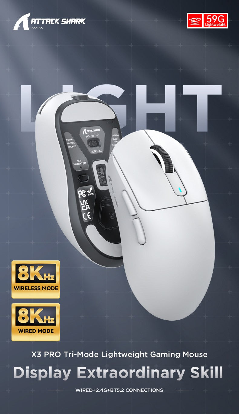 Mouse Gamer Sem Fio RGB Attack Shark X11/X6/X3/R1, Conectividade Bluetooth Trimodo, Leve, Ergonômico para VALORANT e FPS