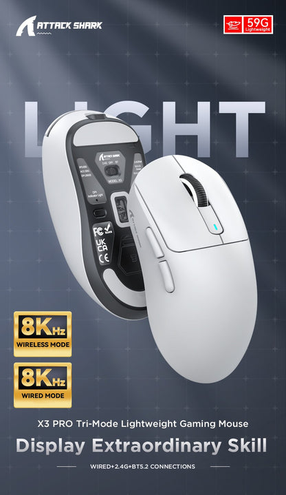 Mouse Gamer Sem Fio RGB Attack Shark X11/X6/X3/R1, Conectividade Bluetooth Trimodo, Leve, Ergonômico para VALORANT e FPS