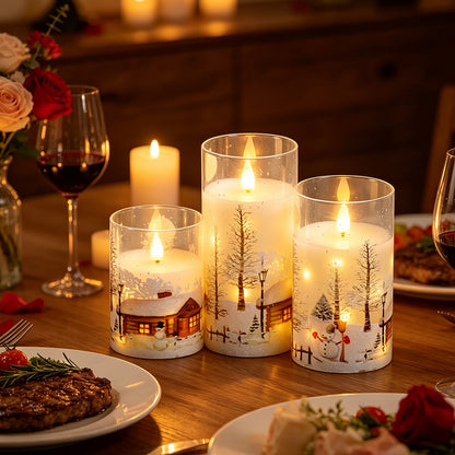 3in Glass Paraffin Built In String Light Print LED Flameless Candle 2AA Battery Remote Control Christmas Candle Decor Lighting