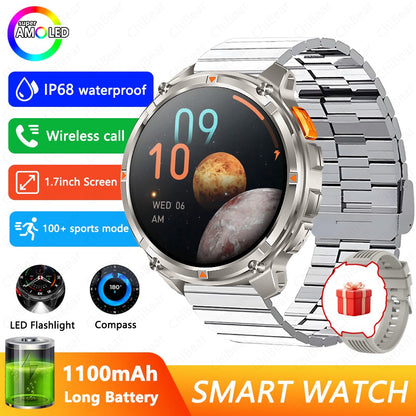 Relógio Inteligente Militar para Homens, Bateria de 1100mAh, Bússola, Monitor de Fitness, Tela AMOLED HD, Chamada BT, Smartwatch para Android IOS