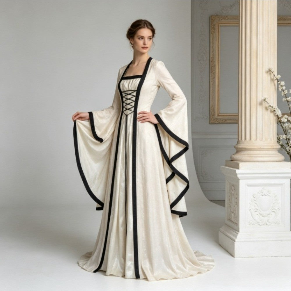 Halloween Cosplay Women Vintage Gothic Medieval Court Dress Flared Long Sleeve Floor Length Gown For Theme Stage Cosplay Show