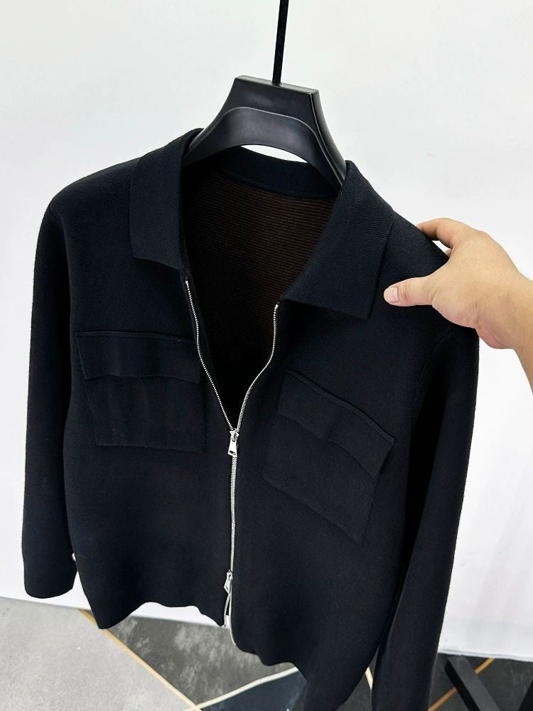 Premium Zipper Collar Wool Cardigan Men's Casual Coat Autumn/Winter Luxury Pocket Design Solid Color Casual Warm Sweater Jacket