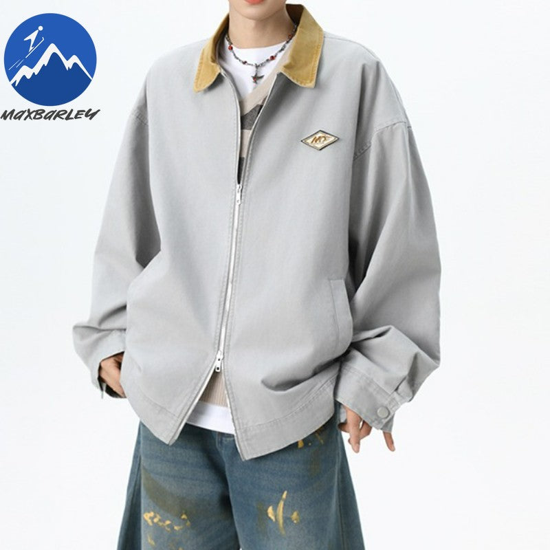 Maxbarley Trendy Cotton Jacket Men Autumn 2025 Hip-Hop Stitching Windproof Lapel Jackets K-Pop Antique Washed Motorcycle Coat