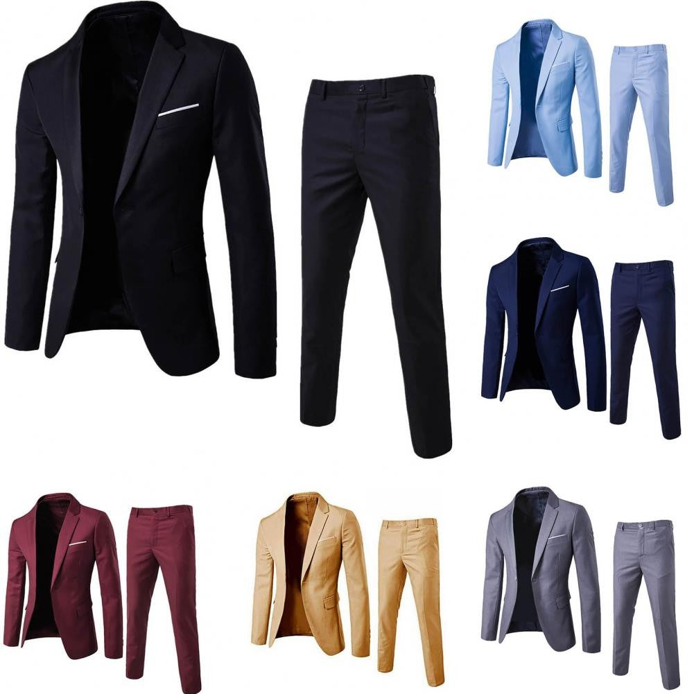 1 Set Trendy Men Suit Anti Deformation Formal Suit Turndown Collar Pure Color One Button Suit Set  Daily Wear