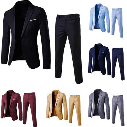 1 Set Trendy Men Suit Anti Deformation Formal Suit Turndown Collar Pure Color One Button Suit Set  Daily Wear