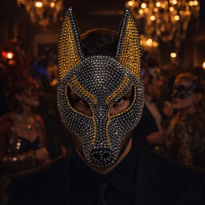 Luxury Rhinestone Wolf Mask, Shiny Animal Half Face Mask for Masquerade Ball, Halloween Party and Costume Events