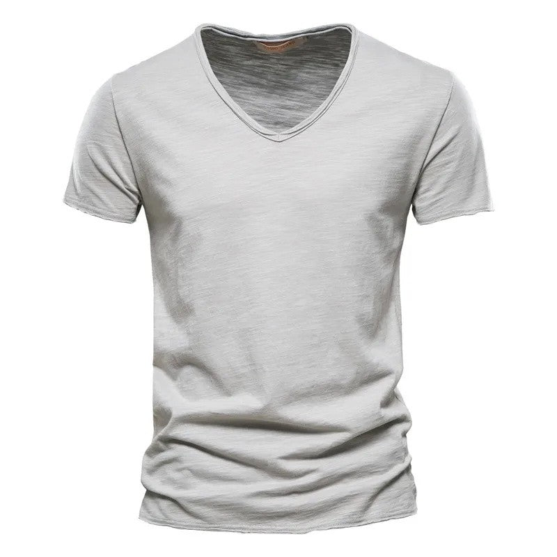 Brand Quality 100% Cotton Men T-shirt V-neck Fashion Design Slim Fit Soild Male Tops Tees Short Sleeve