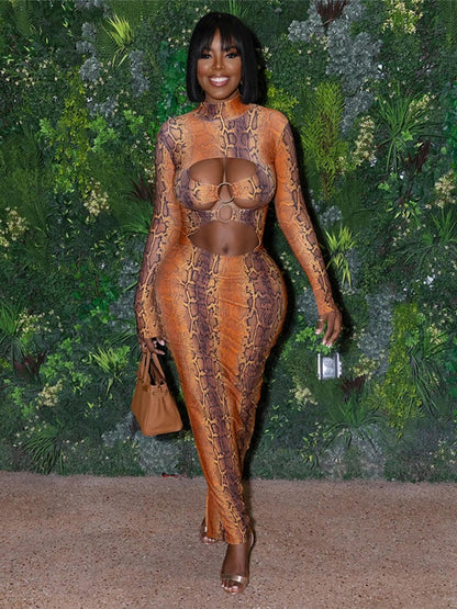 Weird Puss Sexy Snakeskin Maxi Dress Women Chest Hollow Metal Ring Turtleneck Peach Hip Hipster Street Stretch Skinny Bodycon