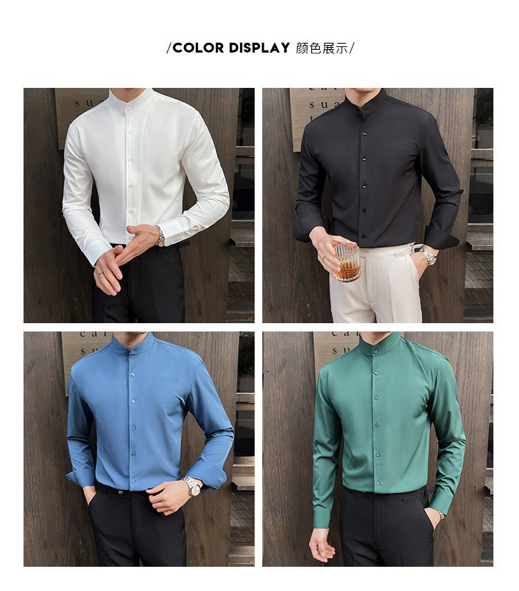 2025 Spring New Chinese Style High End Stand Up Collar Shirt Men's Long Sleeve Elastic Slimming Top Social Dress Shirt