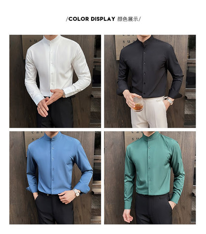 2025 Spring New Chinese Style High End Stand Up Collar Shirt Men's Long Sleeve Elastic Slimming Top Social Dress Shirt