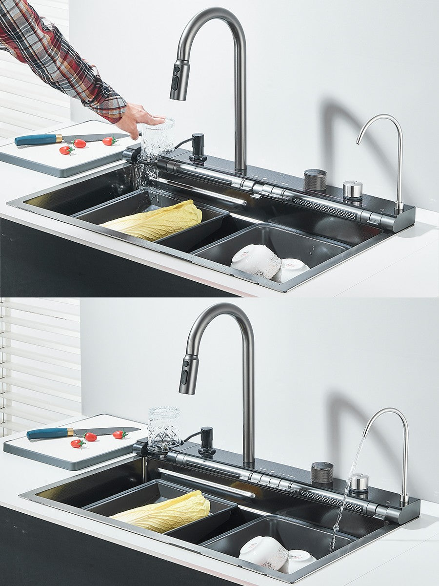 304 Stainless Steel Kitchen Sink Double Waterfall Single Slot Integrated Digital Display Faucet Set Soap dispenser Cup Washer
