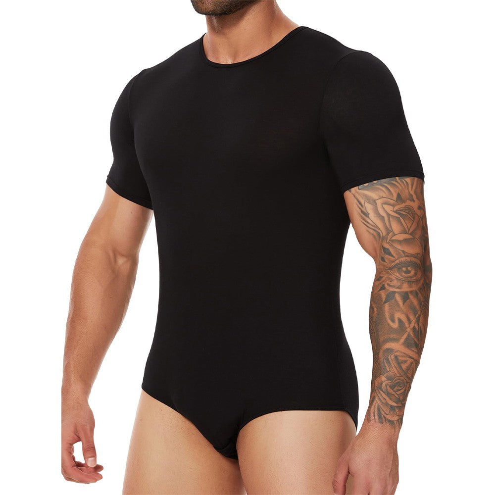 Men Short Sleeve Bodysuit Press Botton Crotch Shirt Pajamas Bodysuit Undershirts Leotard Top